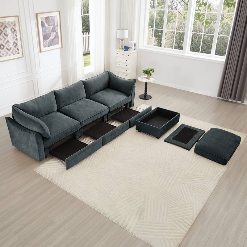 L-Shaped 3-Seater Sectional Sofa Couch with 1 Movable Ottoman & Drawers