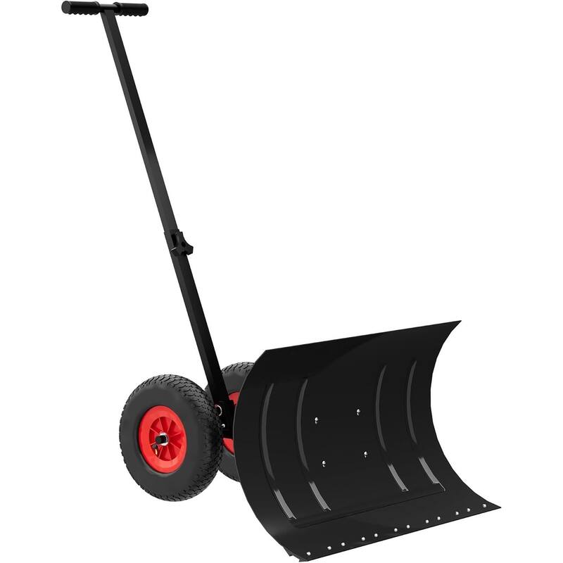 29* 16.54 in Heavy Duty Snow Shovel Pusher with Wheels for Driveways, Sidewalks & Courtyards - Black