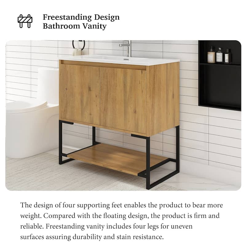 Freestanding Bathroom Vanity Set in Oak with Integrated Solid Surface Sink