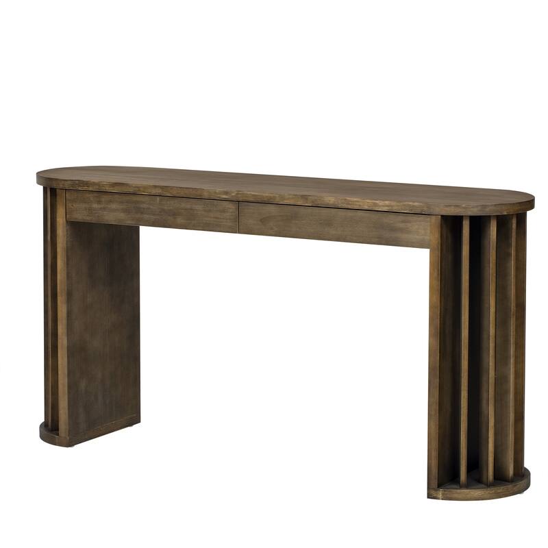 59 Inch Extra Long Entryway Sofa Table, Vintage OAK Veneer Console Table with 2 Storage Drawers and Fan Shaped Legs