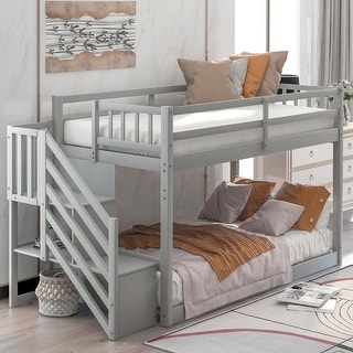 Contemporary Style Twin over Twin Wooden Bunk Bed,Storage Staircase Aside,Full-Length Guardrail