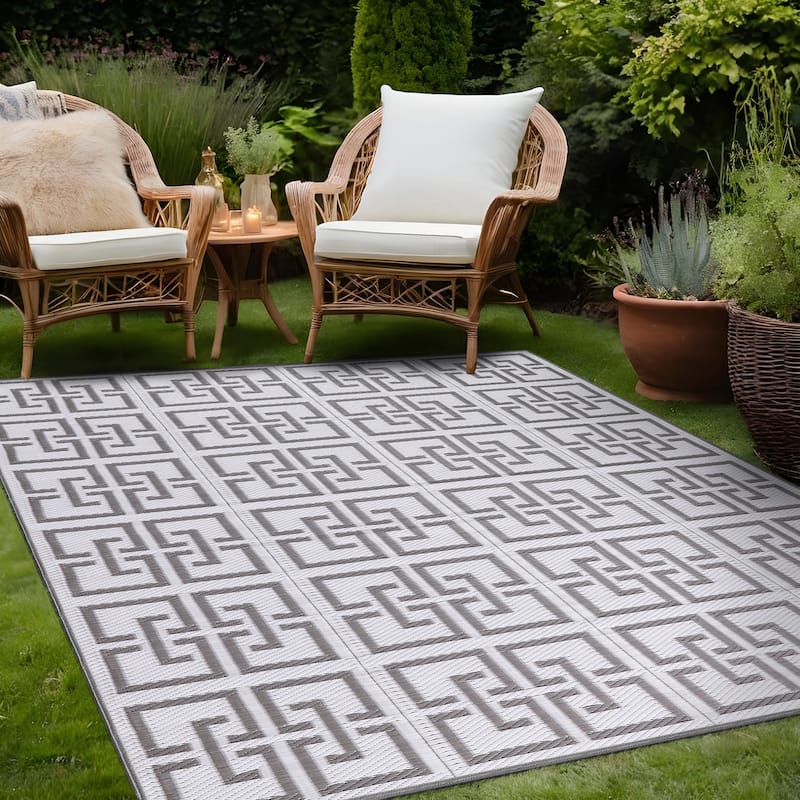 Beverly Rug Geometric Greek Key Outdoor Rug Waterproof for Patio, RV Camping