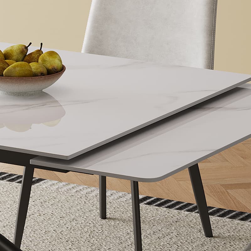 Retractable Sintered Stone Dining Table, Modern Rectangular Design, with Black Carbon Steel Legs at the Bottom