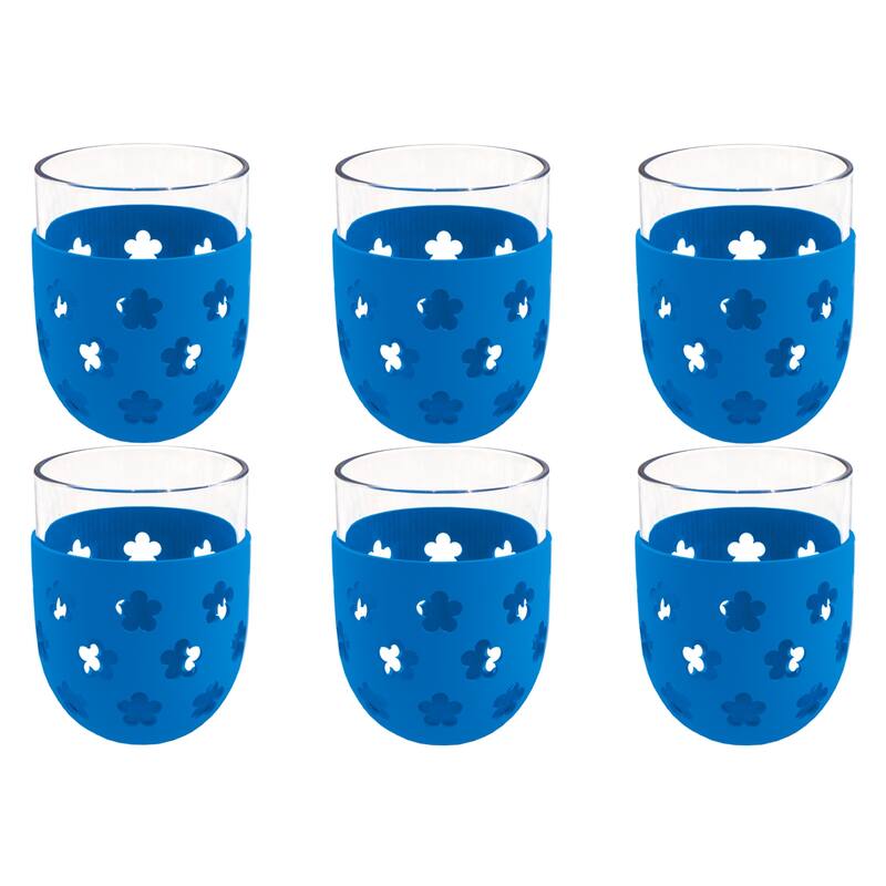 Abode Homewares Party Sleeve Flower Acrylic Stemless Wine Glass - Blue - 15.5 oz - Set of 6 - Blue