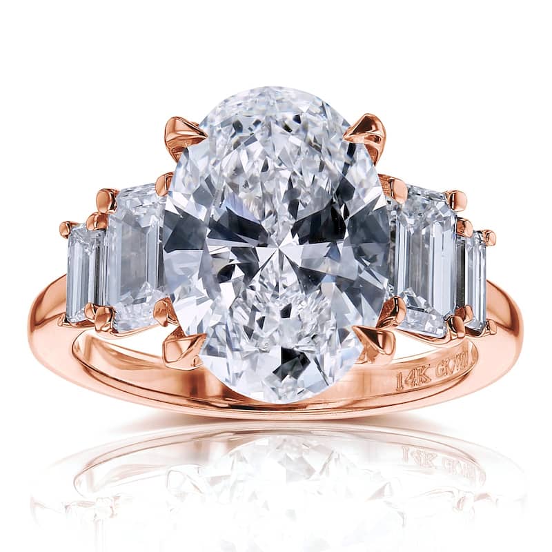 Kobelli 5.4 Carats Oval Emerald & Baguette Diamond 14k Solid Gold 5-Stone Heather Ring (EF/VS, Certified) - Rose - 4