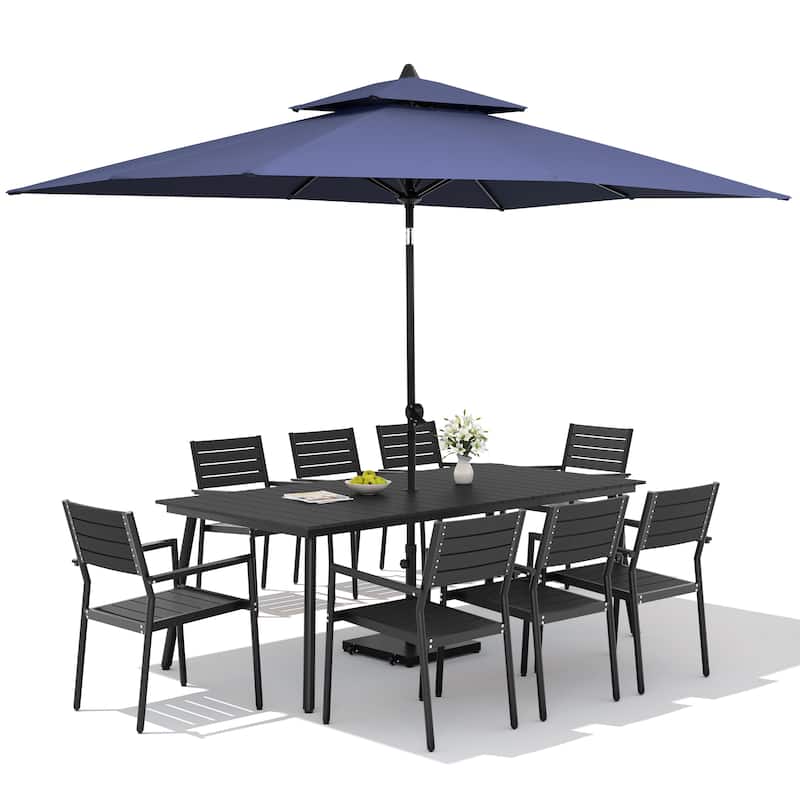 11PC Outdoor Patio Dining Set Aluminum Table with Stackable Armchairs w/ Premium Market Umbrella Sets
