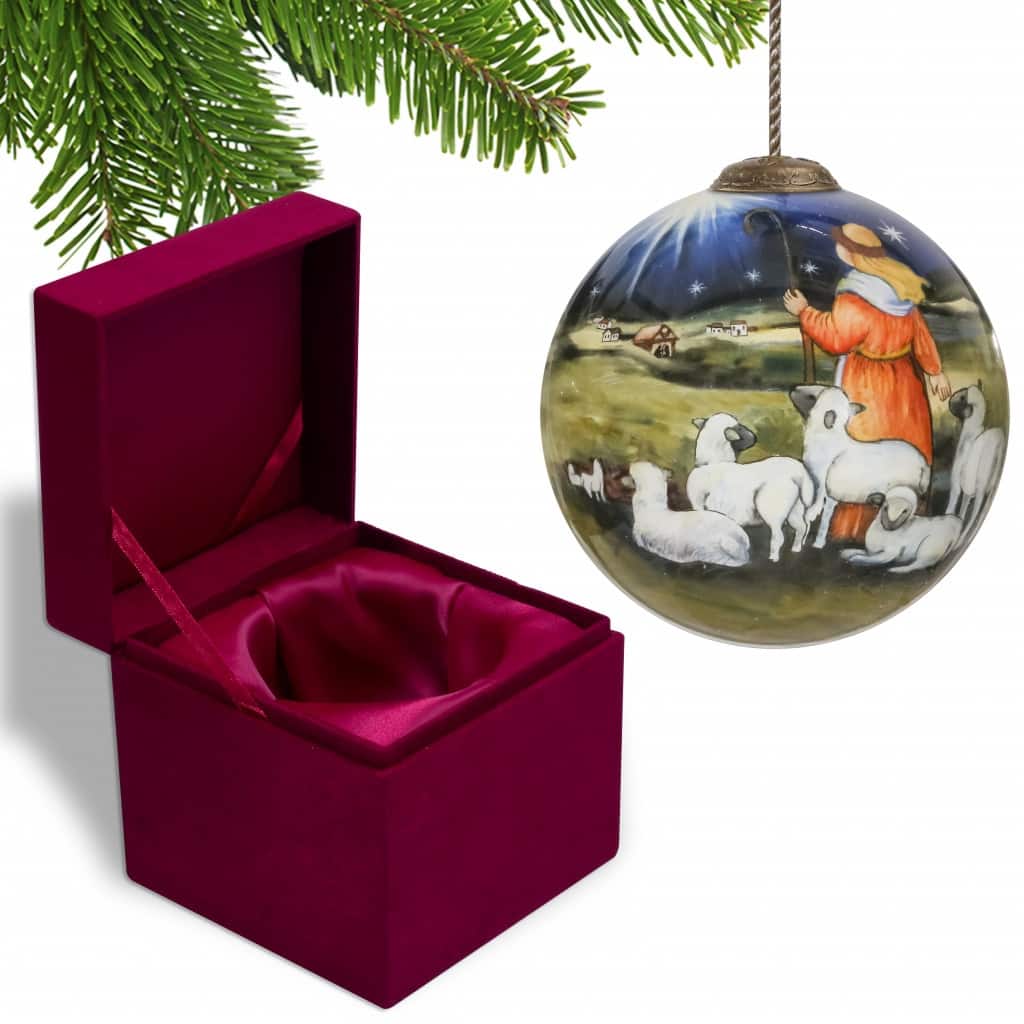 Shepherd Gazing Into the Star of Bethlehem Hand Painted Mouth Blown Glass Ornament - 3"x 3" x 3"