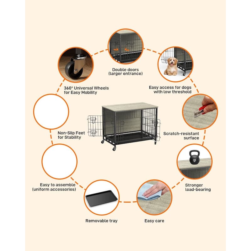 Dog Crate Furniture, Removable Tray and Wheels