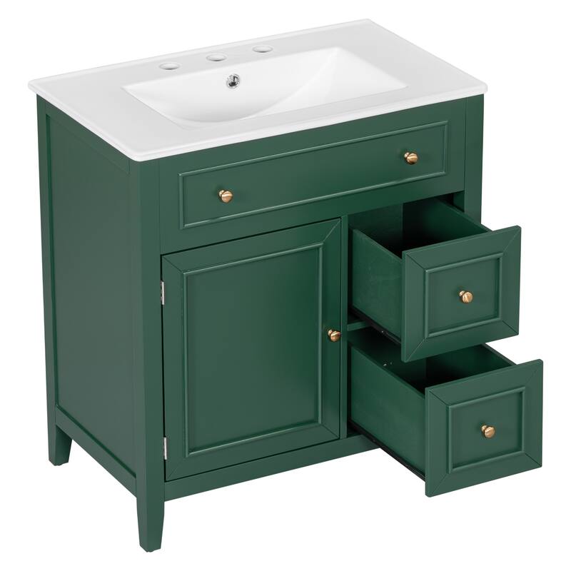 30" Freestanding Bathroom Vanity with Ceramic Sink Top, Single Door Cabinet, 2 Drawers and Round Metal Knobs