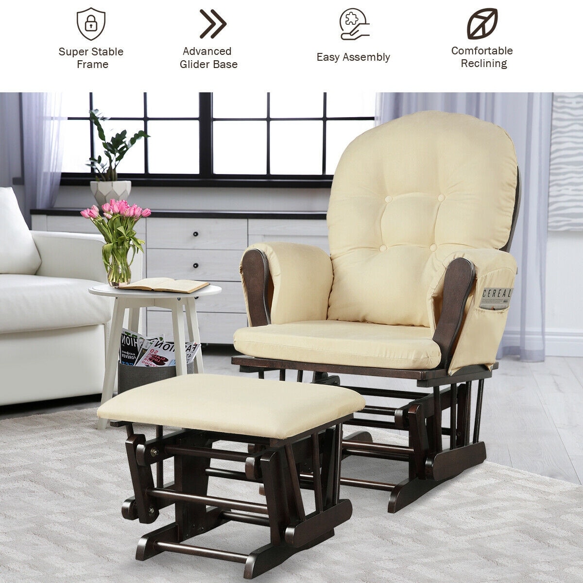 Costway Glider and Ottoman Cushion Set Wood Baby Nursery Rocking