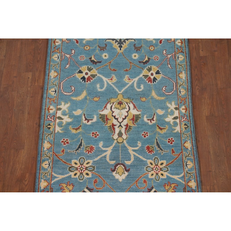 Light Blue Oushak Runner Rug Handmade Transitional Wool Carpet - 2'9" x 9'9"