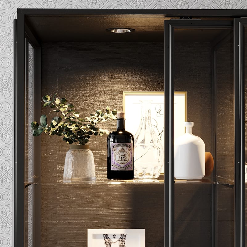 Modern Glass Curio Display Cabinet 4 Tier Display Case With lights & Doors