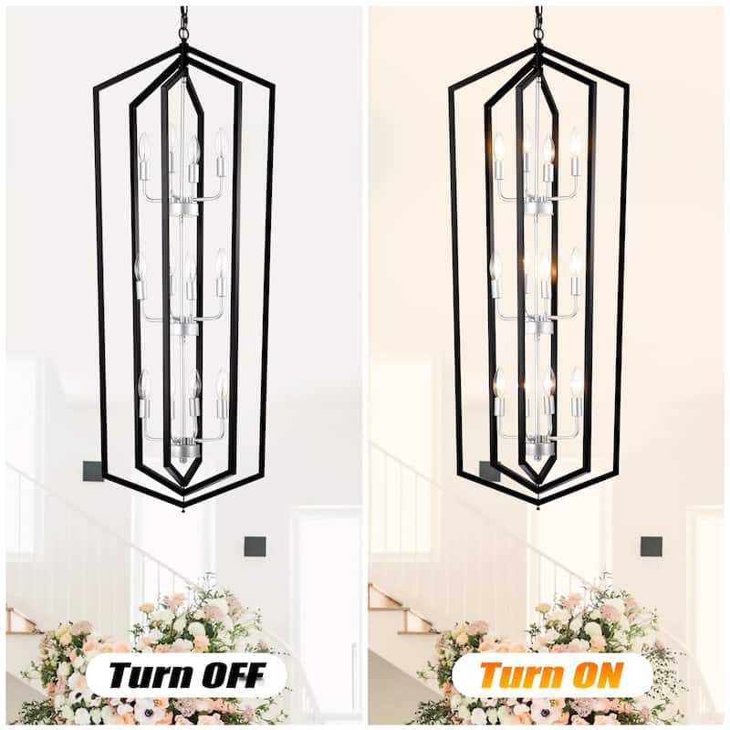 12-Light Farmhouse Kitchen Chandeliers, Matte Cage Light Fixture Adjustable Height Chandeliers for Dining Room Hallway