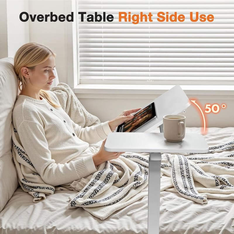 Overbed Bedside Table, Mobile Standing Desk Adjustable Height, Small Rolling Laptop Computer with Wheels, Tiltable Desktop
