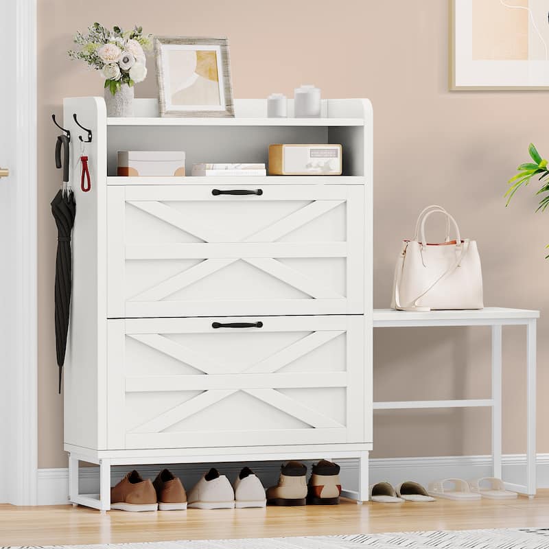 Moasis Farmhouse Shoe Storage Cabinet with 2 Flip Drawers 16 Pairs Freestanding Shoe Organizer - 51.1"L x 9.45"W x 45.8"H