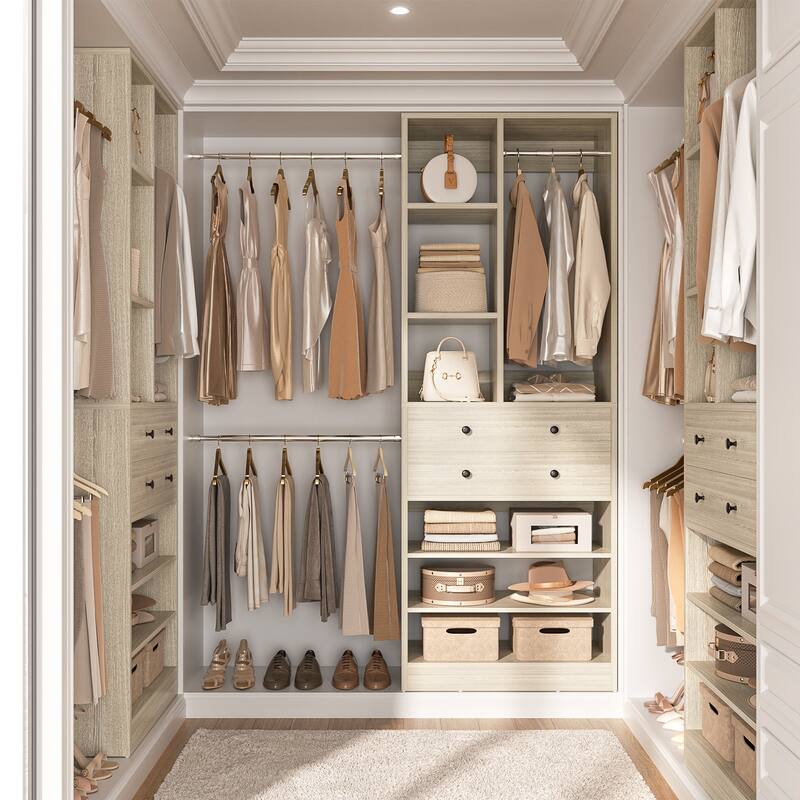 Closet Organizer with 5 Hanging Rods and 2 Drawers, Adjustable Closet System with Shelves and Shoe Rack