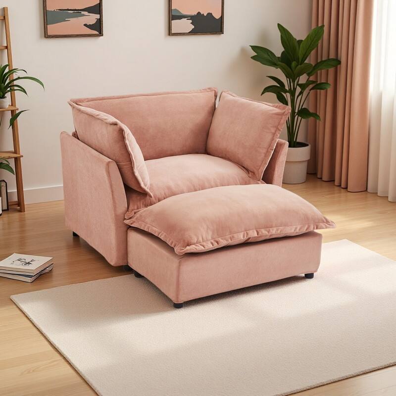 Chenille Modern Armchair Sofa with Movable Ottoman, Wide Seat, Curved Armrests, and Removable Cushions - Pink