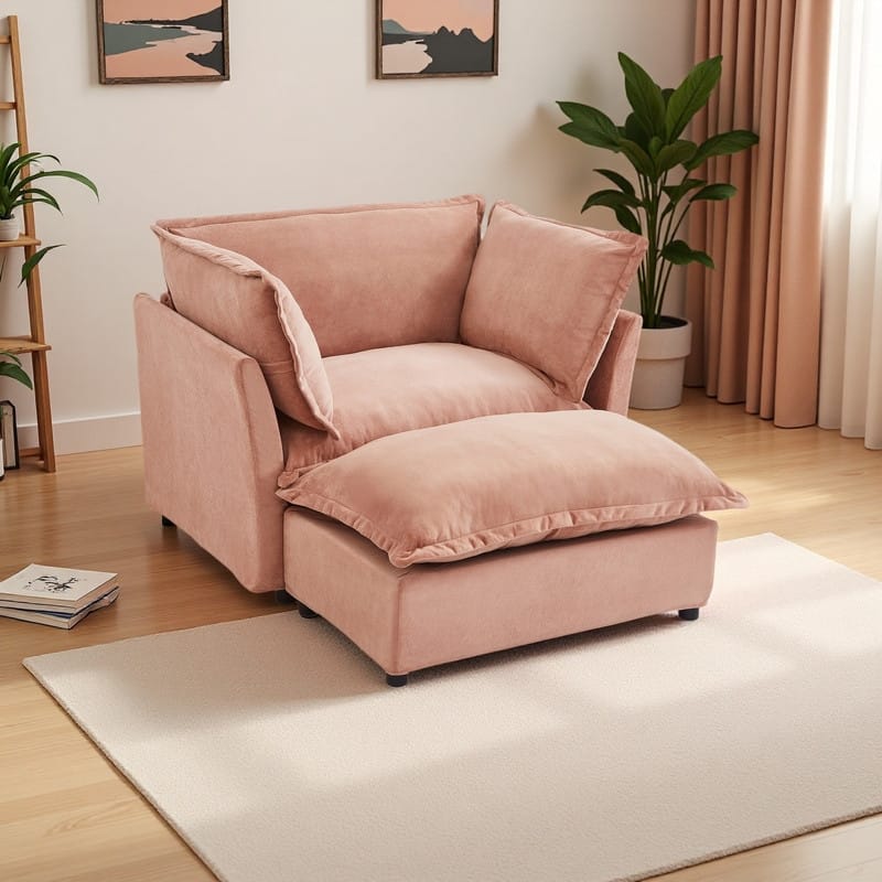 Chenille Modern Armchair Sofa with Movable Ottoman, Wide Seat, Curved Armrests, and Removable Cushions