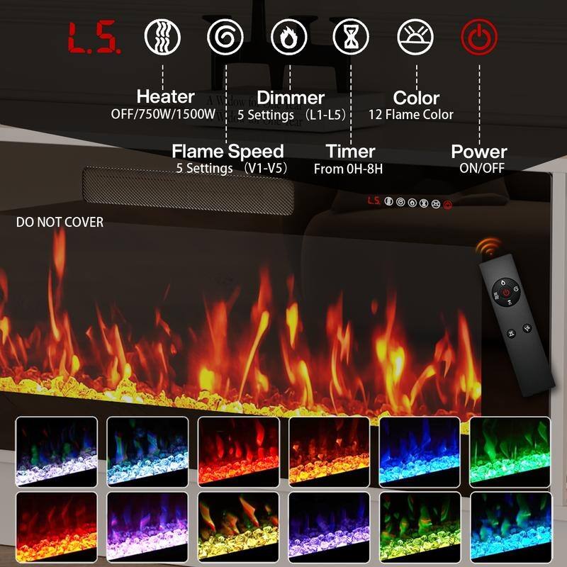 BOSSIN 80" Fireplace TV Stand with Adjustable LED Lights, Modern Entertainment Center with Glass Door Storage Cabinet, Black