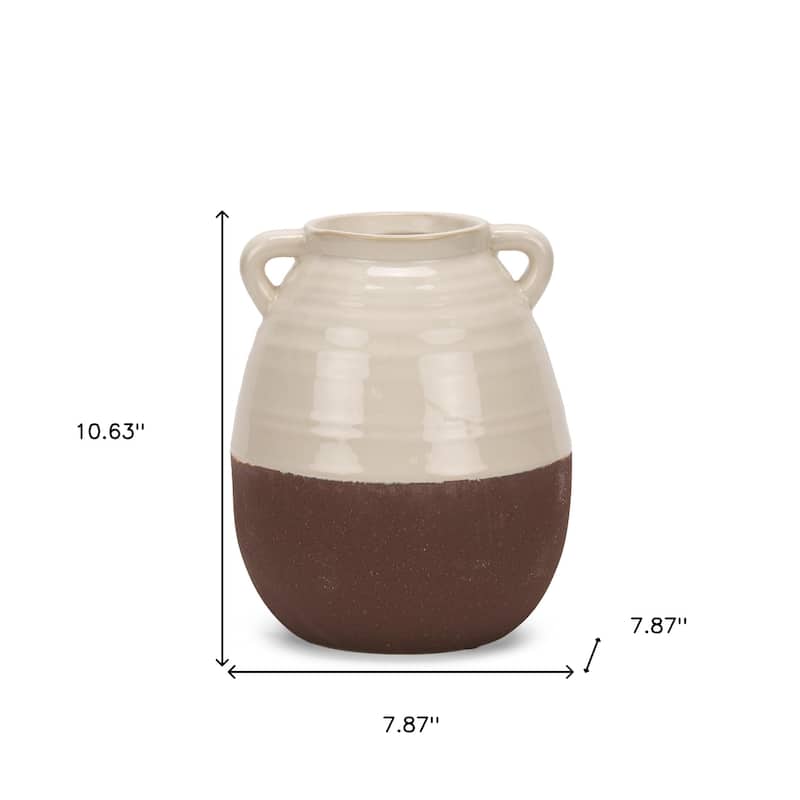11" Brown And Cream Ceramic Amphora Table Vase - 7.87