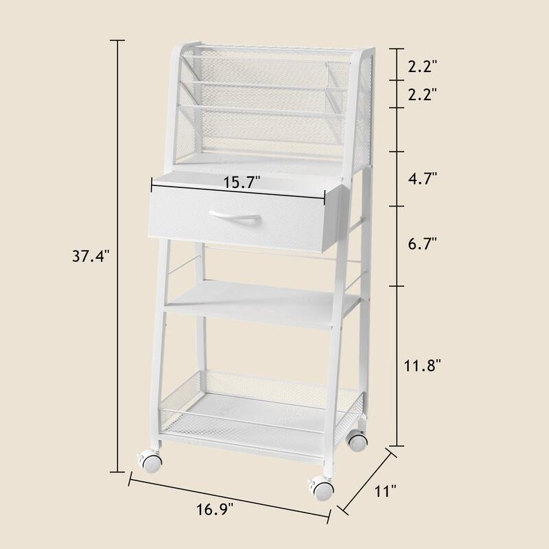 3 Tier Rolling Cart - 34.7"D x 9.3"W x 16.9"H - White