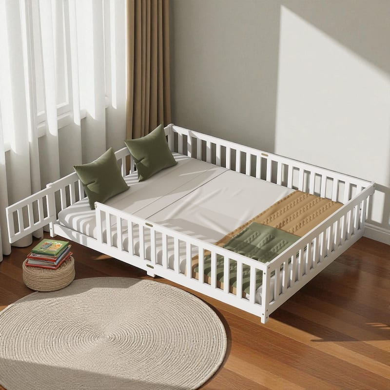 Queen Size Rubber Wood Floor Bed with Fence and Door, Montessori Platform Bed with Safety Guardrails for Kids - White - Queen