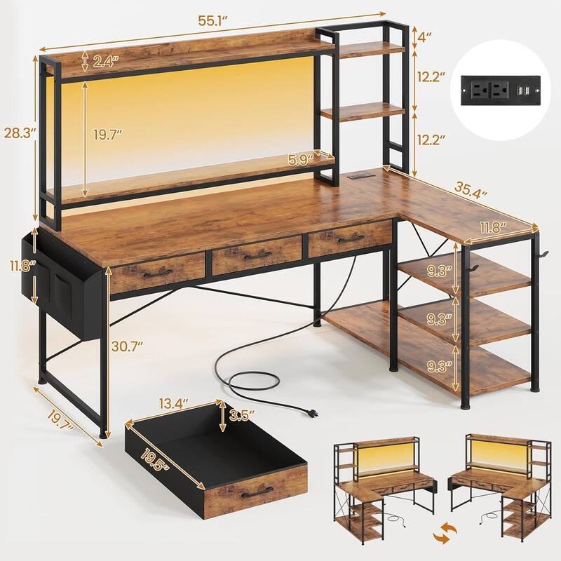 55" L Shaped Gaming Desk Corner Computer Desk Fabric Drawers