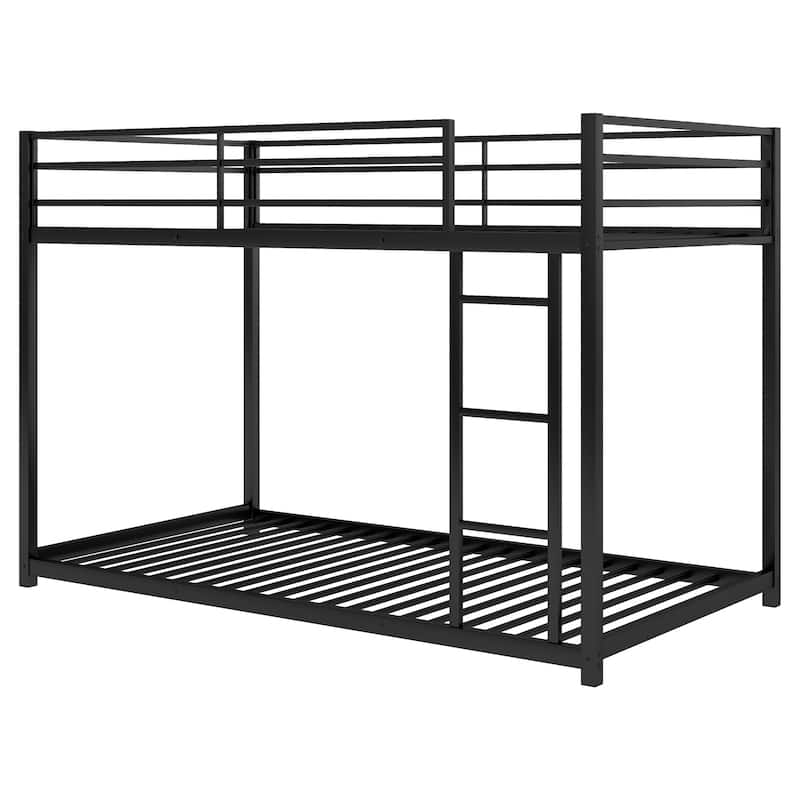 Modern Full Size Low Bunk Bed, Sturdy Metal Frame with Ladder - Silver