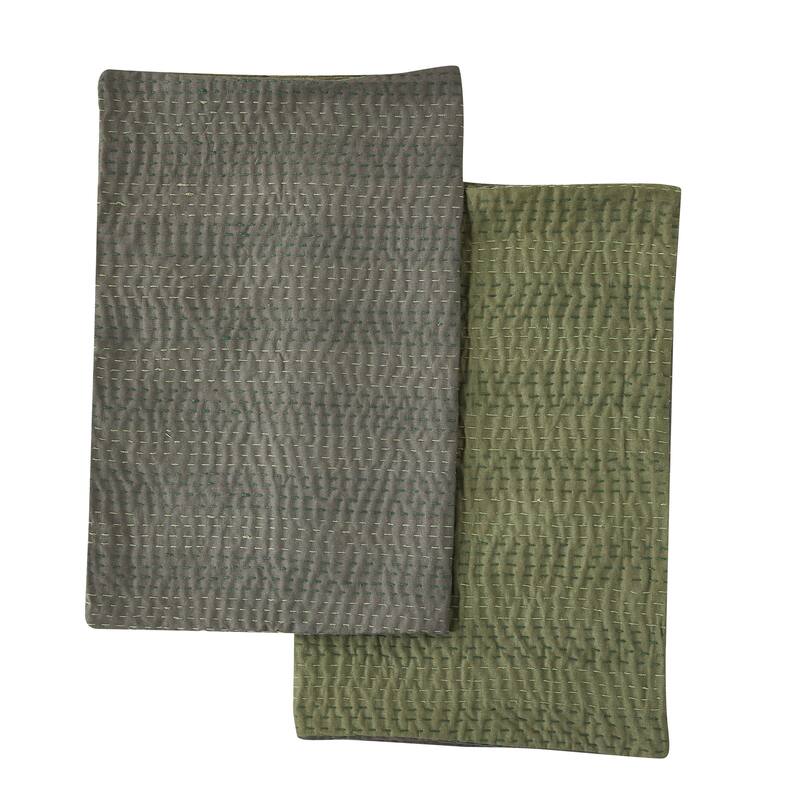 Melange Hand Stitched Kantha Reversible Green Coverlets and Shams - Standard Sham Set - Queen - 2 Piece