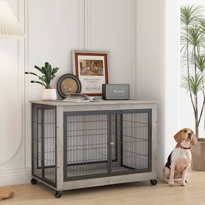 Furniture Style Dog Crate Side Table on Wheels with Double Doors and Lift Top,Grey,38.58''w x 25.5''d x 27.36''h
