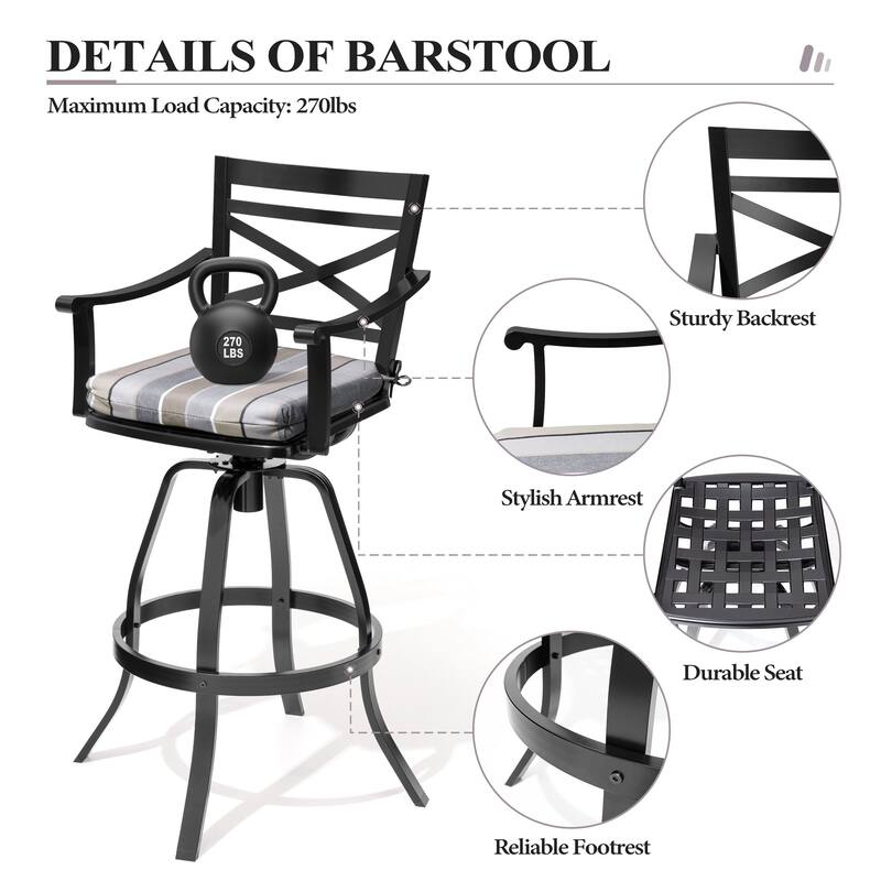 3/5-Piece Outdoor Swivel Aluminum Bar Stools with Sunbrella Cushion and Table Set