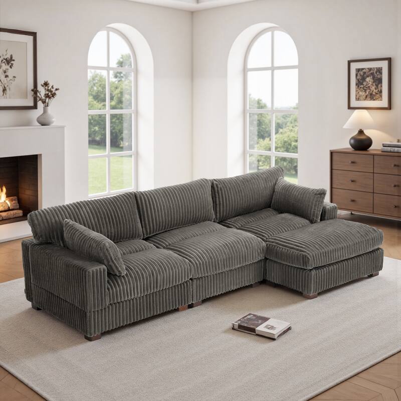 Plush Corduroy Upholstered Modular Sectional Sofa with Pillows - Reversible - Light Grey-4 Pieces with Ottoman