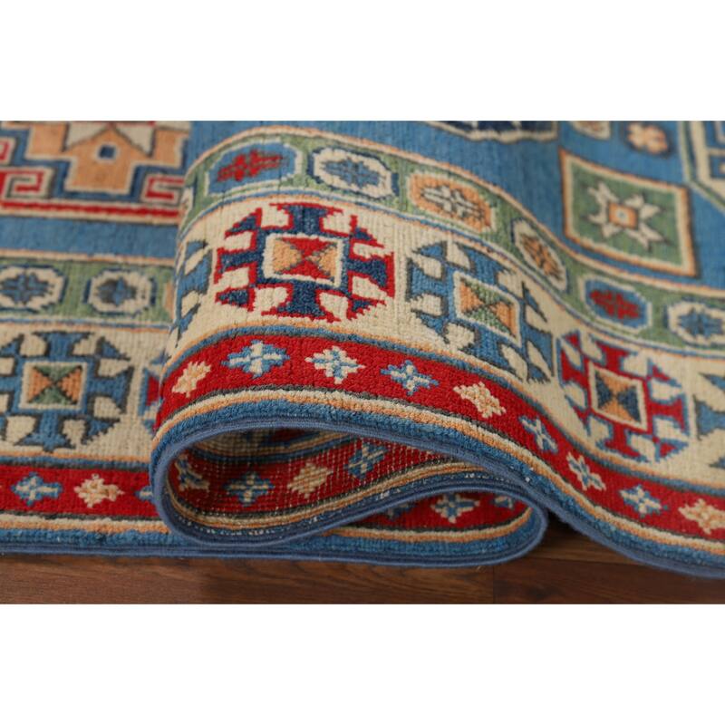 Blue Geometric Kazak Runner Rug Hand-Knotted Oriental Wool Carpet - 2'8" x 9'6"