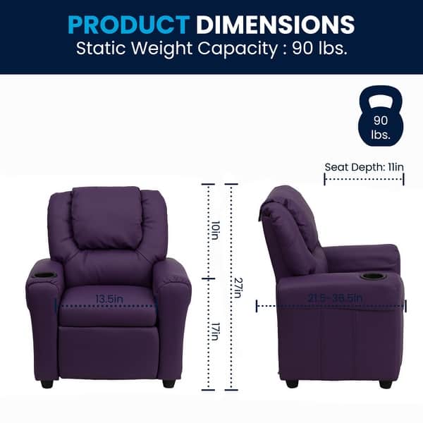dimension image slide 2 of 10, Contemporary Kids Recliner with Cup Holder and Headrest - 24"W x 21.5" - 36.5"D x 27"H
