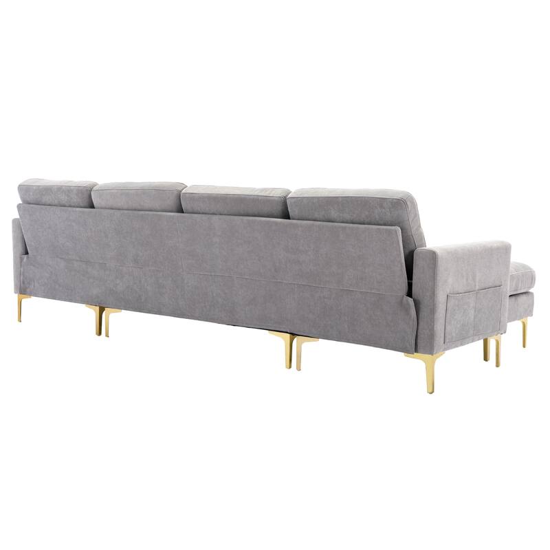 Living Room Chenille U-shaped Sectional Sofa, Pull out Sofa Bed with 2 USB Ports, 3 Back Pillows and Storage Chaise