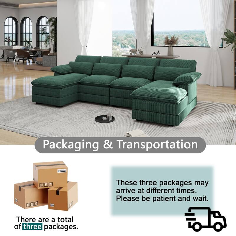 111.8" U-Shaped Cloud Sectional, 4-Seater Corduroy Upholstered Sectional with Recliner and Cushions