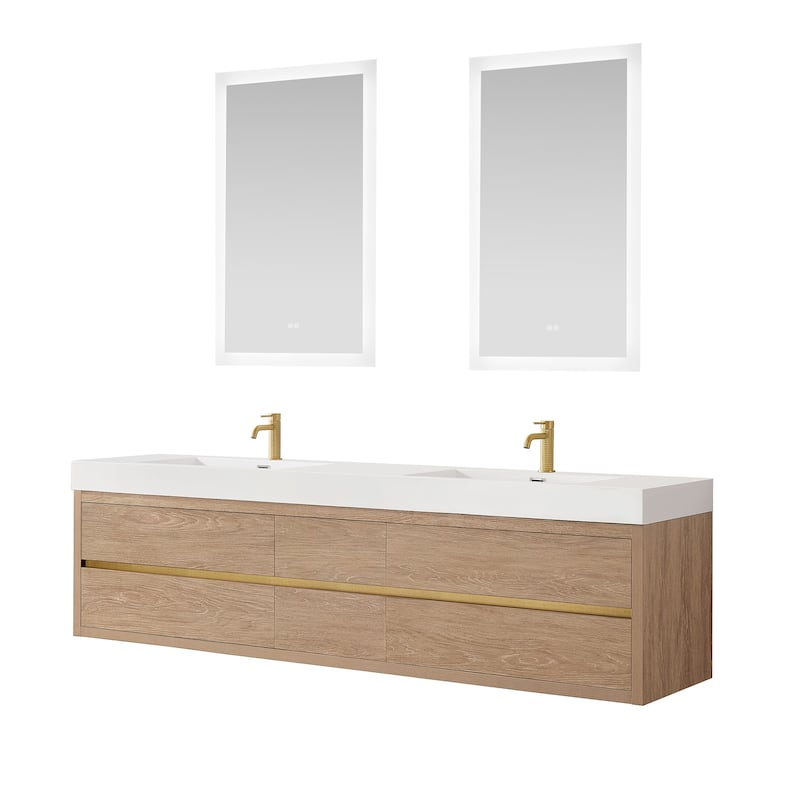 Palencia Double Floating Vanity with Composite Sink Top and Mirror - 84in. - North American Oak