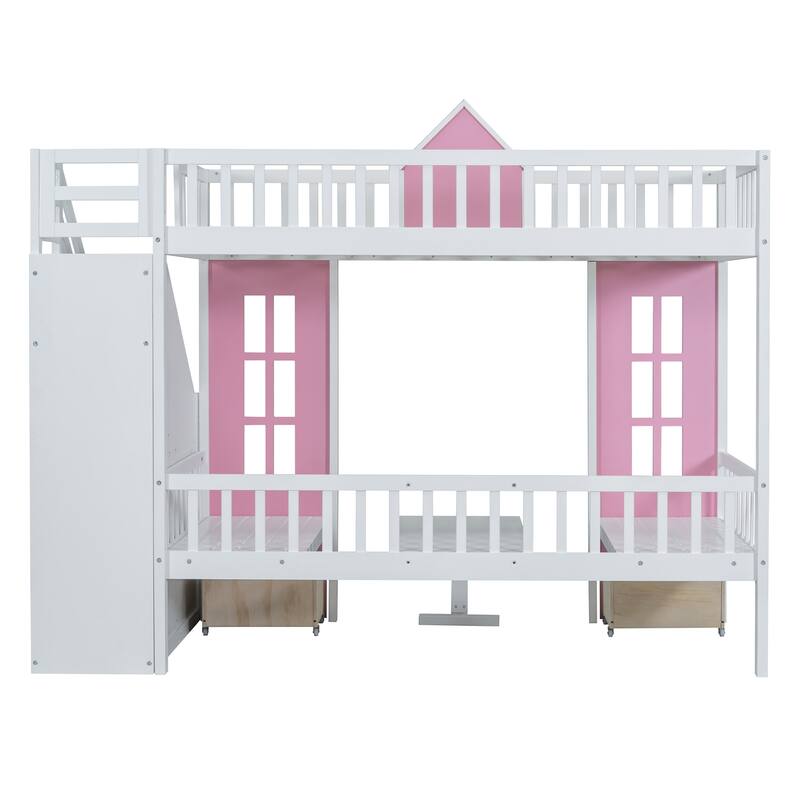 Convertible Twin-Over-Twin Bunk Bed with Desk, Pink