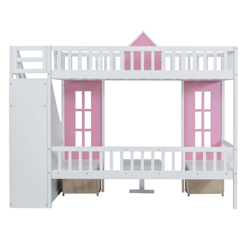 Twin-Over-Twin Bunk Bed with Changeable Table, Bunk Bed Turn into Upper Bed and Down Desk -Pink
