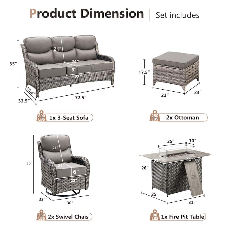 Pocassy Outdoor 6 Inch Sofa Chair Ottoman with Fire Pit Table Set