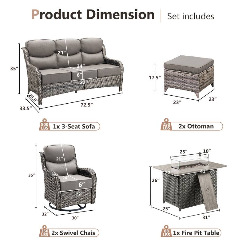Pocassy Outdoor 6 Inch Sofa Glider Chairs Ottoman with Fire Table Set