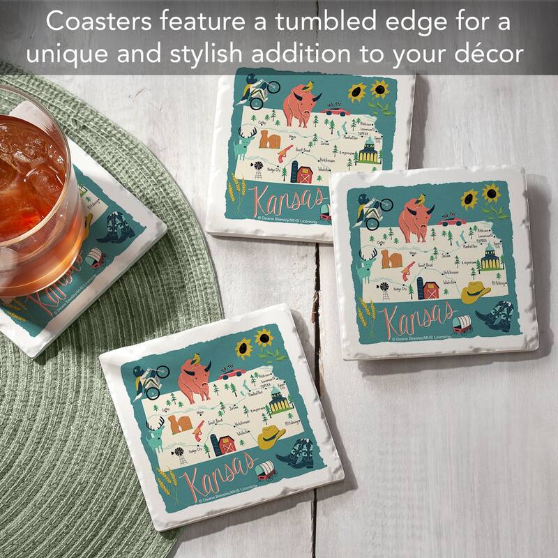 Kansas Home 4-Pack Absorbent Stone Coasters with Protective Cork Backing 4" Square Made in The USA Artistic Easily Wipes Clean