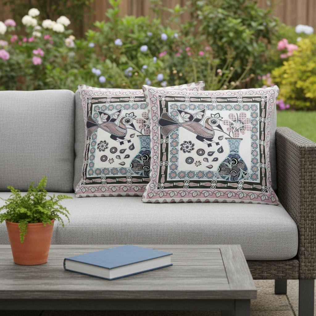 HomeRoots Set of Two 16" X 16" Pink and Black Peacock Blown Seam Floral Indoor Outdoor Throw Pillow - 16.00' X '16.00' X '5.00