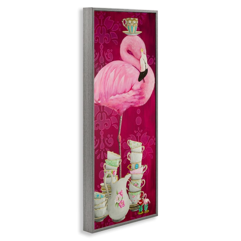 Stupell Flamingo with Antique Teacups Framed Giclee Art Design By Heather Gauthier