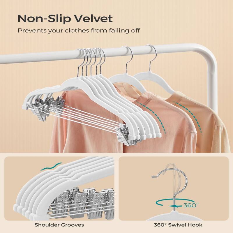 Modern Plastic Non-Slip Velvet Clothes Hangers with 2 Adjustable Clips Suitable for Trousers and Skirts
