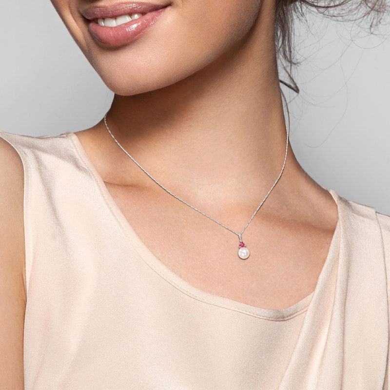 Miadora 8-8.5mm Cultured Freshwater Pearl and 1/3ct TGW Created Ruby Pendant with Chain in 10k White Gold - 19 mm x 8.4 mm