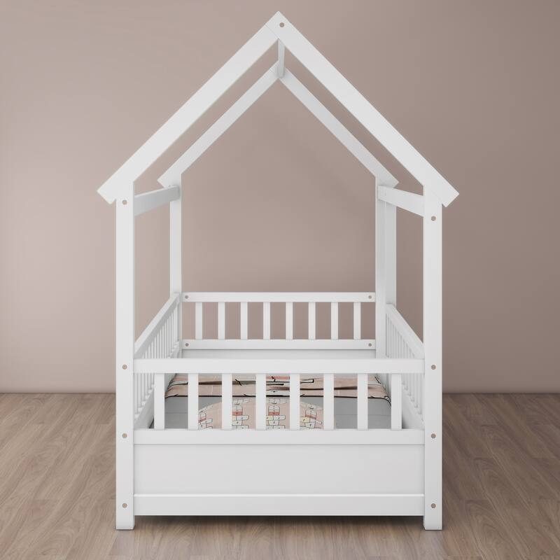 Kids Twin/Full House Bed with Roof Frame, Floor Bed with Fence Guardrails