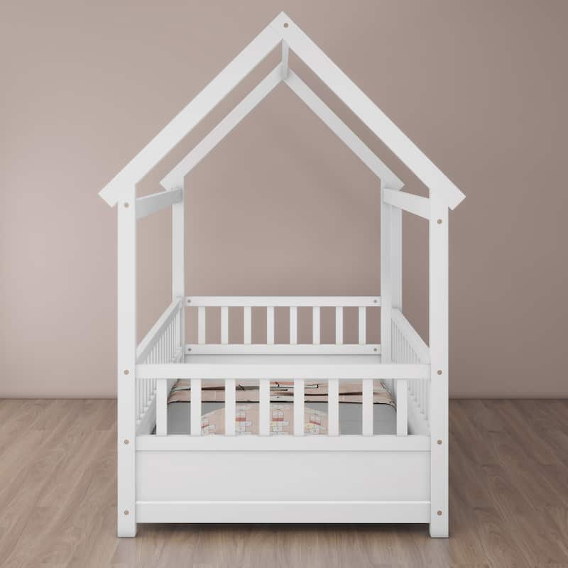White Twin Size Pine Wood Floor Bed with House Roof Frame, Fence Guardrails for Kids, Boys and Girls