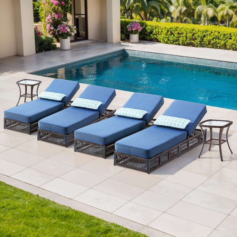 ArcoBay 6-Piece Brown Wicker Outdoor Patio Chaise Lounge with 5-Inch Thick Cushions and Side Table