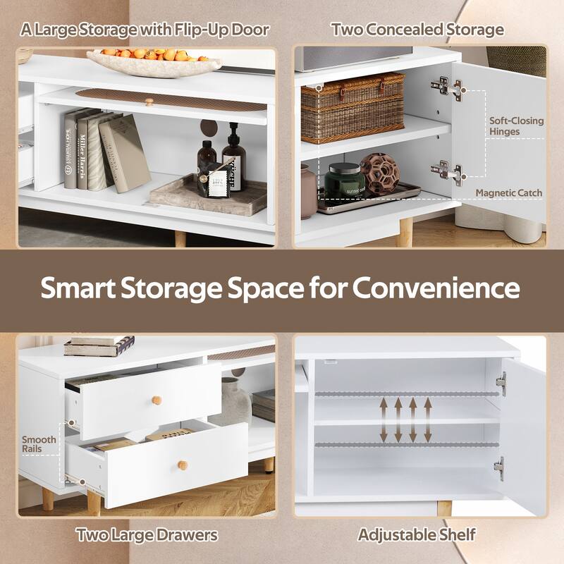 70 Inch Modern TV Stand with Rattan Accents, Drawers and Cabinets, Entertainment Console for TVs Up to 80 Inch